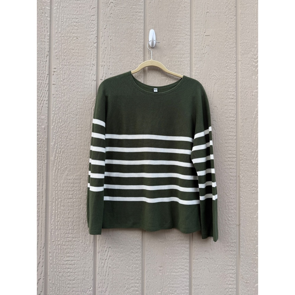 Uniqlo Large Striped Sweater Preppy 100% Cotton Olive Green Nautical Knit